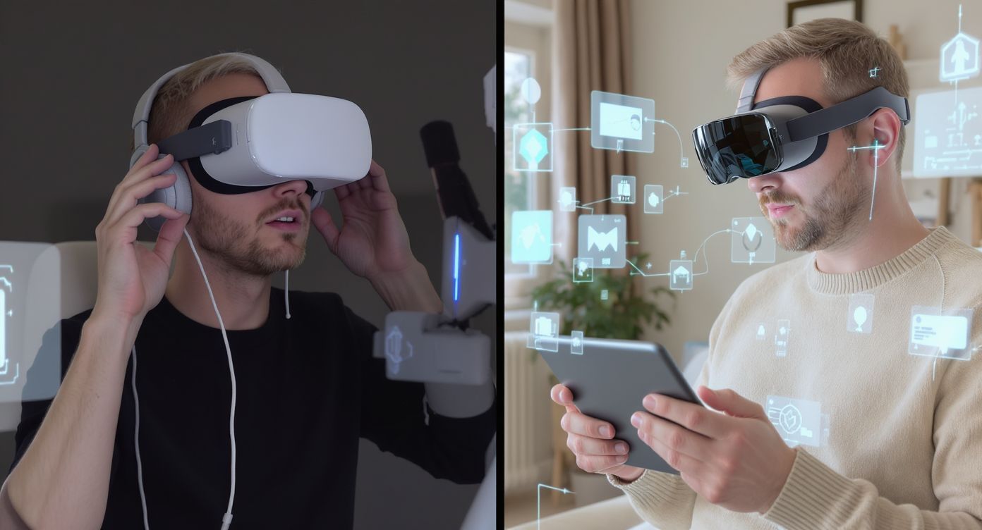 A VR teljesen virtuális, míg az AR valós elemeket integrál.