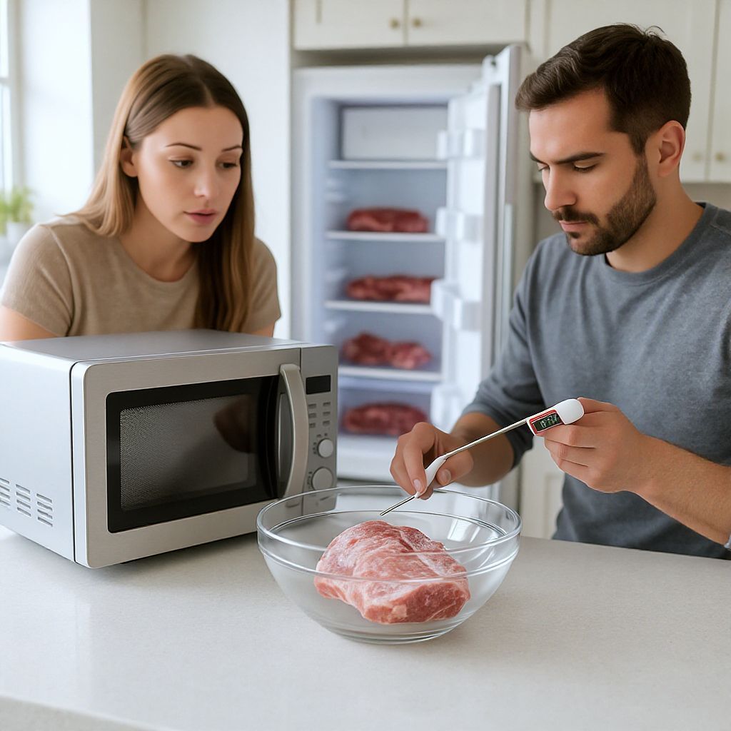 A mikróban való kiolvasztás veszélye a hús egyenletessége.
