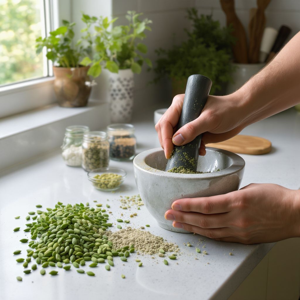 A frissen őrölt kardamom aromája intenzívebb és gazdagabb.