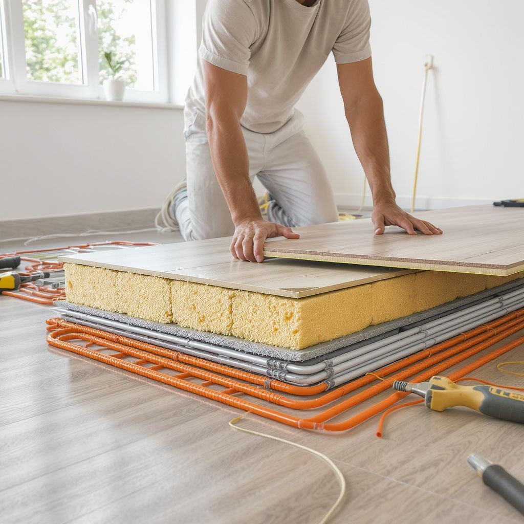 A padlófűtéshez szükséges anyagok: szigetelés, csövek, beton.