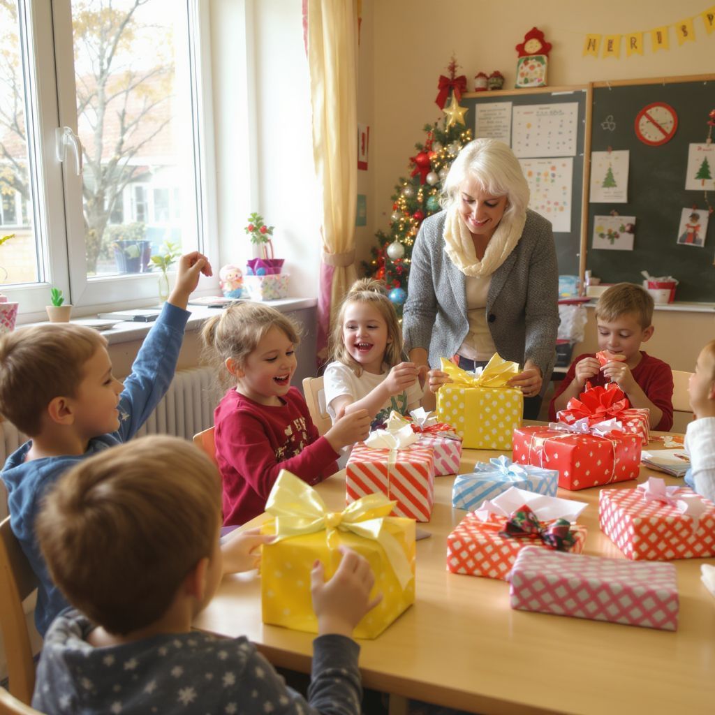 Iskolai Mikulás: ajándékok átadása a gyerekek örömére.