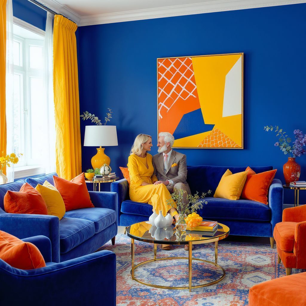 A királykék és narancs párosítása energikus hatást kelt.