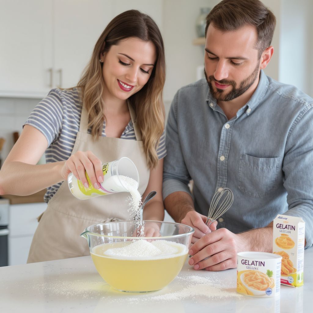 A zselatint langyos folyadékhoz add, hogy feloldódjon.