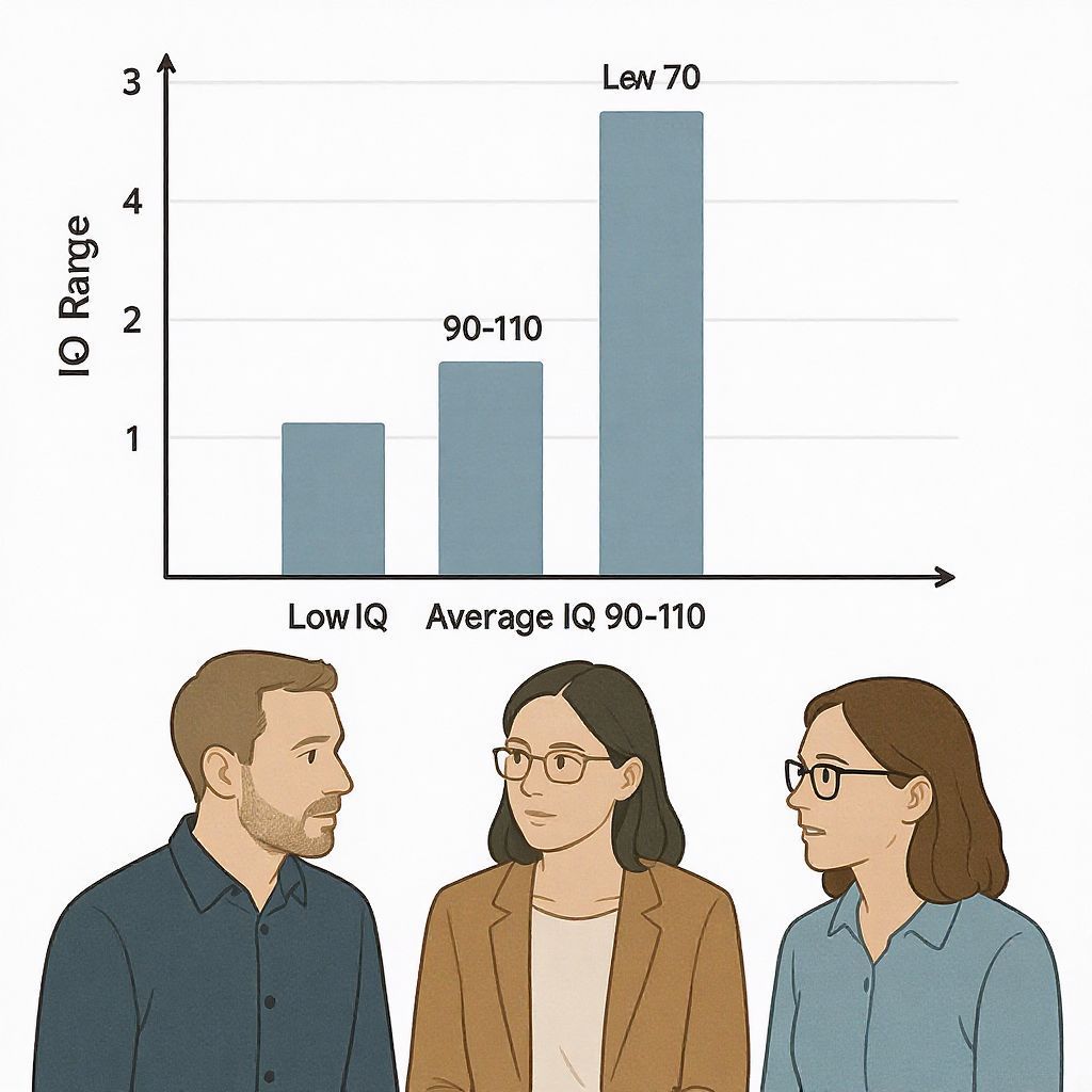 Az IQ skála 70-től 130-ig terjed, különböző kategóriákkal.