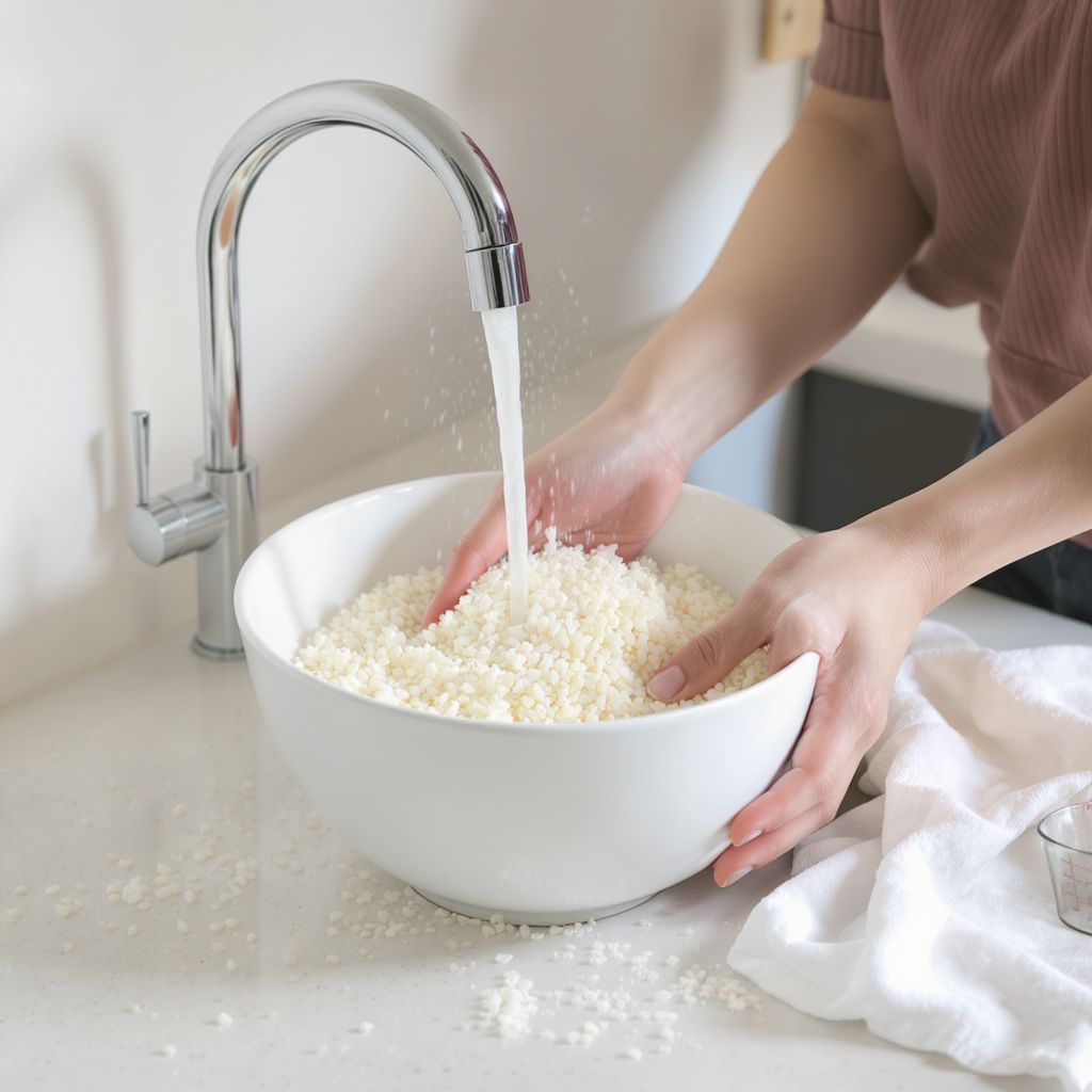 A rizs mosása csökkenti a keményítő tartalmát és ragacsosságát.