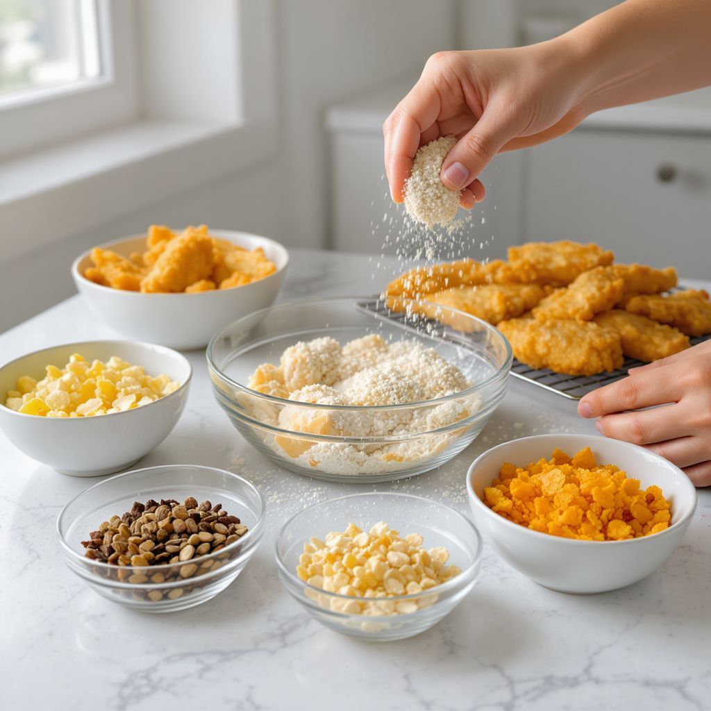 Panírozási technikák: fűszeres morzsa és alternatív pékáruk.